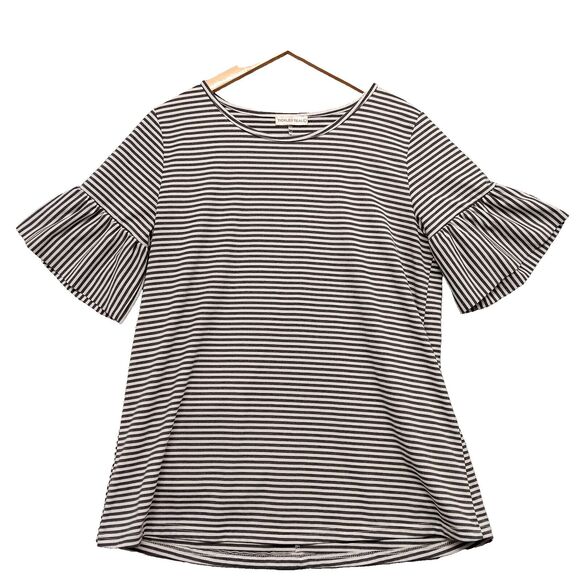 Tickled Teal Blouse Woman’s Sz L Dark Gray & White Striped Short Ruffle Sleeves - Picture 1 of 8